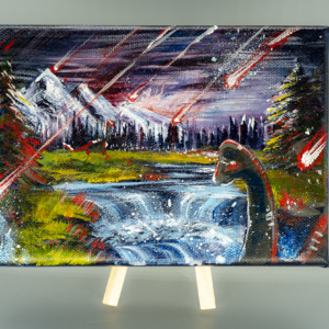 5x7 acrylic painting done during a bob ross paint along with dinosaurs getting rained down upon by meteors