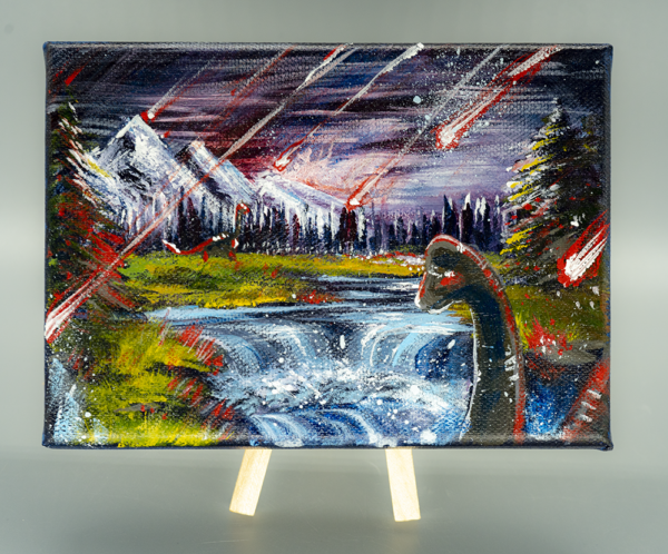 5x7 acrylic painting done during a bob ross paint along with dinosaurs getting rained down upon by meteors